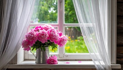 A window displays a bouquet of pink blooms in a silver pitcher. Sheer white curtains frame a vibrant green garden view