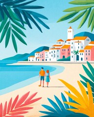 Obraz premium tropical coastal illustration framed by bold palm leaves