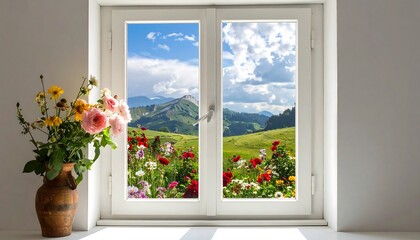A window frame reveals a vivid landscape. Flowers in a rustic vase sit on the sill as a scenic mountain vista appears beyond