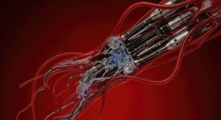 Abstract visualization of nanobots in red fluid