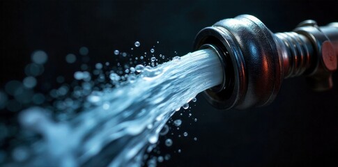 Fire hose nozzle spraying powerful water jet A dramatic, high speed photograph of a chrome fire hose nozzle emitting a thick, powerful jet of clear water against a blurred, dark background. The water