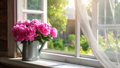 A window framed with wooden beams and showcasing vibrant pink flowers in a metal vase, with light and sheer curtain detail