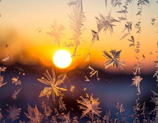 A window pane adorned with icy frost crystals frames the vibrant setting sun, creating a serene winter scene. Warm colors contrast with intricate ice formations