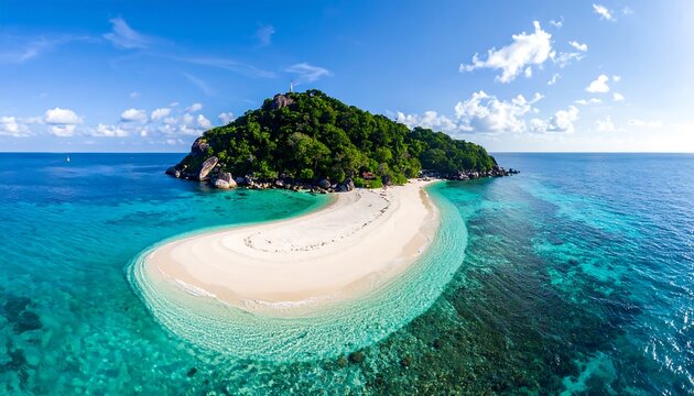 Aerial view captures a serene island oasis with lush greenery, a white sandbar, and turquoise waters