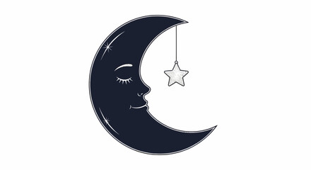 Dreamy crescent moon with a sleeping face and a sparkling star, perfect for bedtime stories or children's decor, magical night illustration