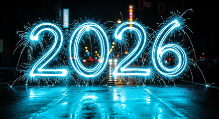 Happy New Year 2026 celebration with blue light painting and fireworks.