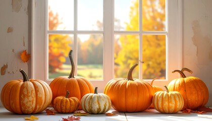 A window sill features various pumpkins of different sizes. Fall foliage creates a scenic backdrop. Leaves add to the autumn scene