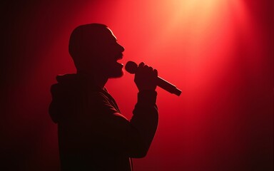 Silhouette of an unrecognizable man singing rap. High quality