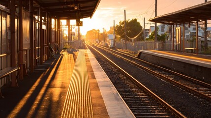 Sunlight streams across empty railway station platforms and tracks during golden hour.