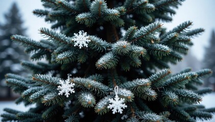 Snow Covered Pine Tree with Delicate Snowflake Accents A majestic pine tree covered in a light dusting of snow. Delicate, scattered snowflake decorations are subtly placed on its branches. Soft winter