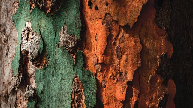Striking contrast of peeling tree bark reveals vibrant green and orange underlayers