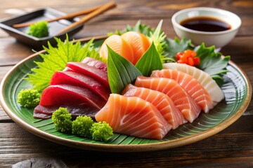 Japanese sashimi with wasabi and soy sauce high