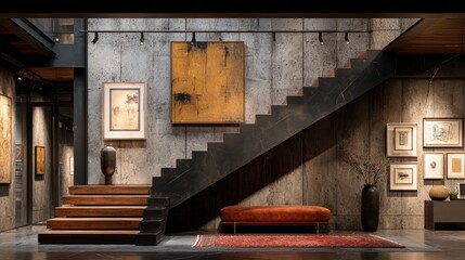 A realistic art gallery interior filled with layered modern and classical artworks on textured walls representing the eclectic nature of maximalism