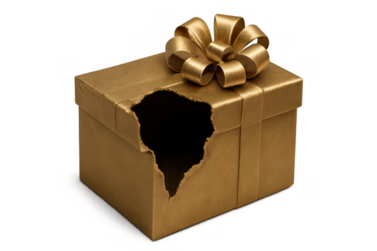 Golden wrapped gift box with a torn opening and an empty interior, symbolizing loss, disappointment, or a broken surprise. Transparent background - Powered by Adobe