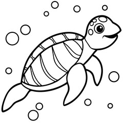 Cartoon sea turtle swimming with bubbles, , in black and white