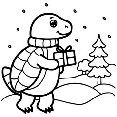 Turtle in winter holding a gift
