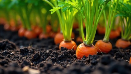 Organic carrot sprouts emerging from rich, dark soil in a sun drenched garden bed, showcasing healthy roots and vibrant green tops. Close up macro shot of vibrant orange carrot roots with healthy