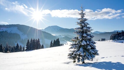 A winter landscape bathed in sunlight, featuring a snow-covered fir tree and distant mountain range under a bright sky. Fields