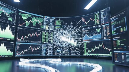 A server room with data charts on monitors, digital effects, and glowing server racks - Powered by Adobe