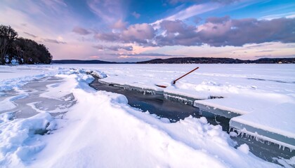 A winter landscape captures a frozen body of water with jagged ice formations and snow. A shovel rests on a small dock as pastel sunset hues color the sky