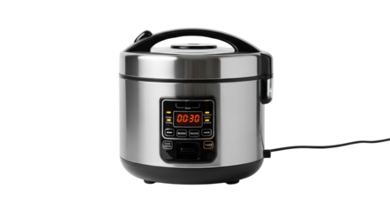 Electric kitchen equipment isolated on white background, including a stove, kettle, and rice cooker, made of metal and plastic