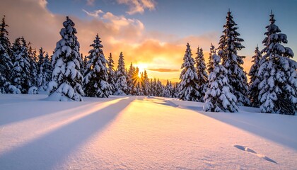 A winter landscape captures the morning sun's rays filtering through snow-covered evergreen trees, casting long shadows across the pristine white snow