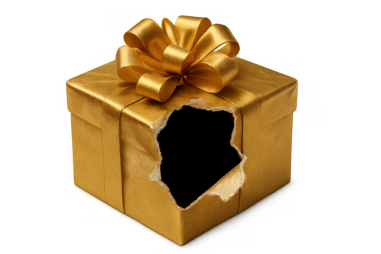 Golden gift box with torn wrapping paper and hole, showing empty space, symbolizing disappointment and bad surprise