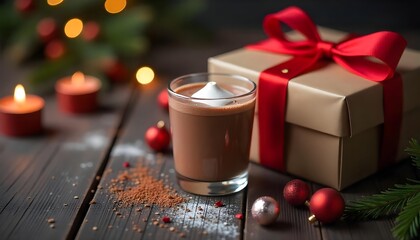 Cozy hot chocolate with marshmallows, nestled among festive decorations, gift boxes, and evergreen branches on a winter backdrop
