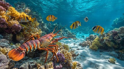 Naklejka premium Vibrant marine life thrives among colorful coral formations on a sunlit ocean floor