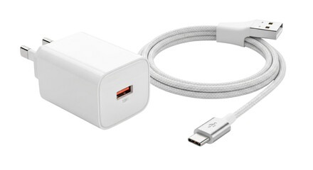 Black plastic USB connector and electrical plug wire cable isolated on white background for power technology connection