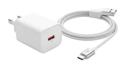 Black plastic USB connector and electrical plug wire cable isolated on white background for power technology connection