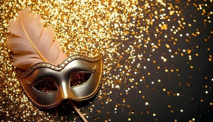 An elegant gold carnival mask with feather accents, showcased on a glittery gold background, symbolizing festive luxury