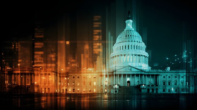 Illuminated monumental government structure displays contrasting color schemes against a digital overlay at night