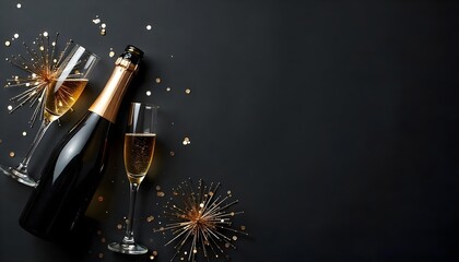 Fototapeta premium Elegant champagne bottle and glass set against a black background, perfect for a luxurious New Year's Eve party