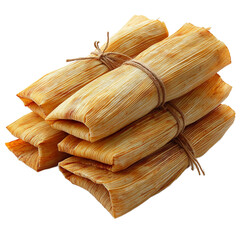 A stack of tamales wrapped in corn husks and tied with string close up on transparent background