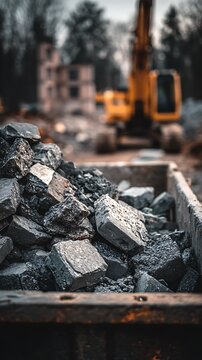Large pile of broken concrete and rubble in a skip bin at an urban demolition site