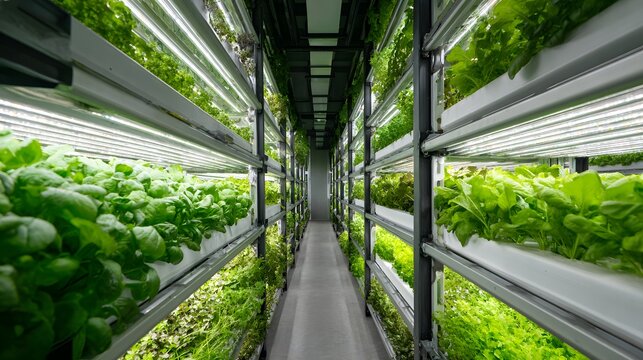 Interior view showcases stacked tiers of lush green leafy vegetables growing under artificial illumination in a controlled environment