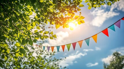 Vibrant bunting flags adorn a sunny outdoor celebration under lush green tree branches and bright sky
