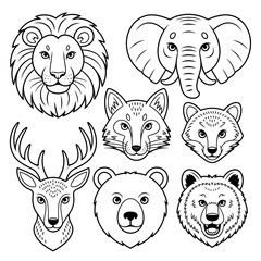 set of animals head coloring page line art