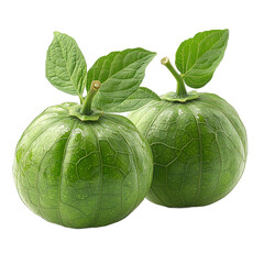 A close up of two tomatillos with leaves against a plain backdrop on transparent background