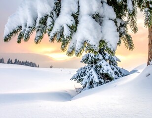 A winter landscape, evergreen branches heavy with snow, framing a snow-covered clearing and distant hills at sunrise