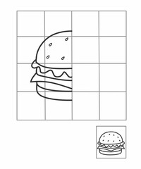Burger symmetry drawing worksheet for preschoolers. Complete the other half to learn shapes and symmetry.