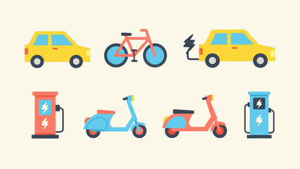 Colorful Flat Design Illustration of Eco-Friendly Transportation and Sustainable Energy
