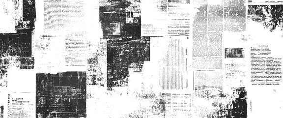 Vector white and black newspaper paper grunge vintage old aged texture with fragments of newspaper text Transparent background.
