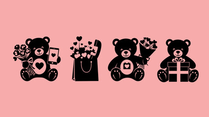 Cute Teddy Bear Icons with Valentine's Day Gifts and Flowers on Pink Background