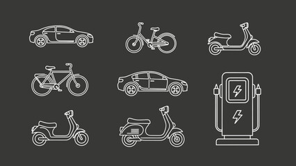 Sustainable Transportation Icons: Electric Cars, Scooters, and Bicycles