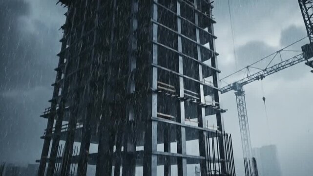 Rain falls over a construction site, with rebar, concrete, and cranes visible