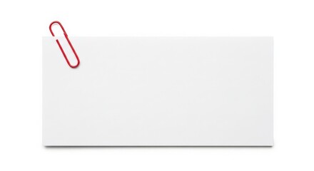 Red paperclip holding a blank white card isolated on white background