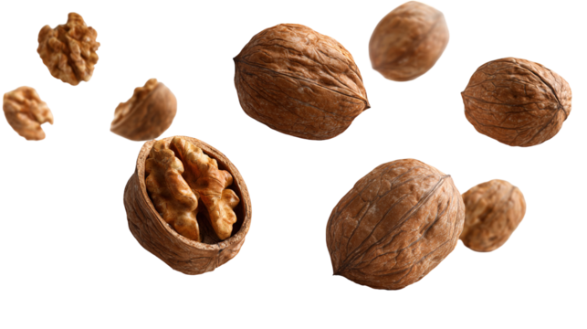 Whole and crushed walnuts close-up in the air on a white background