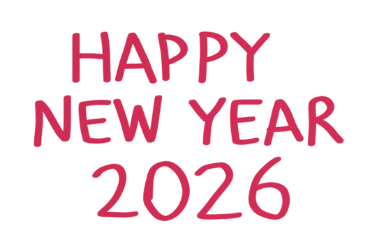 Handwritten red text saying happy new year 2026 isolated on transparent background - Powered by Adobe